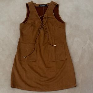 Camel Faux Suede Lace-Up Suede Shift Dress